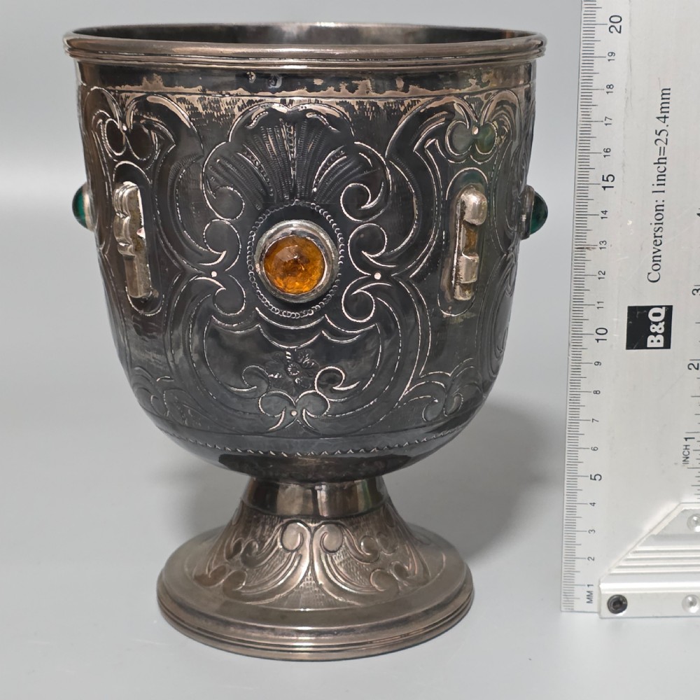 Fabulous Antique Large (553g) Spanish Silver Engraved Bowl In set with Stones 553gm View X