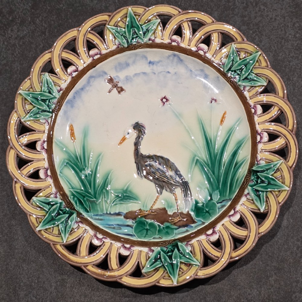 Wedgwood Majolica Heron Plate - Joseph Théodore Deck – England, 1871