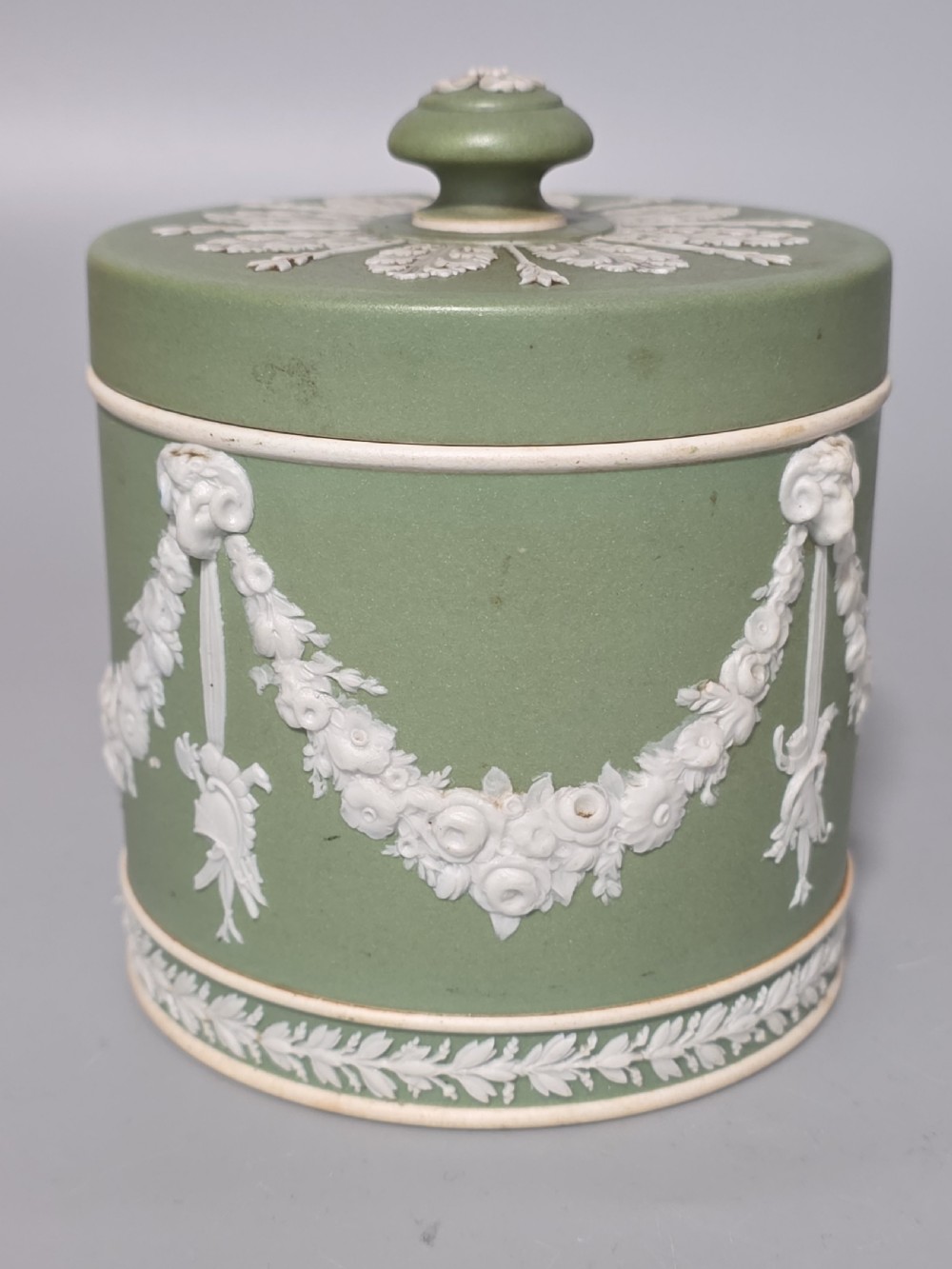 Delightful Green Wedgwood Tobacco jar and Cover c1880 View II