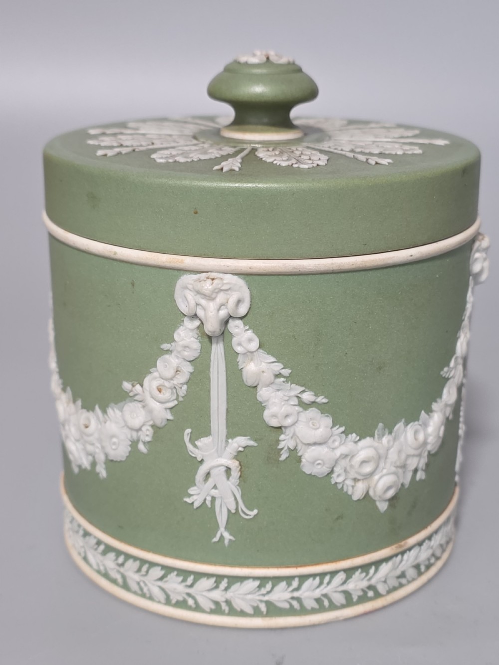 Delightful Green Wedgwood Tobacco jar and Cover c1880 View III