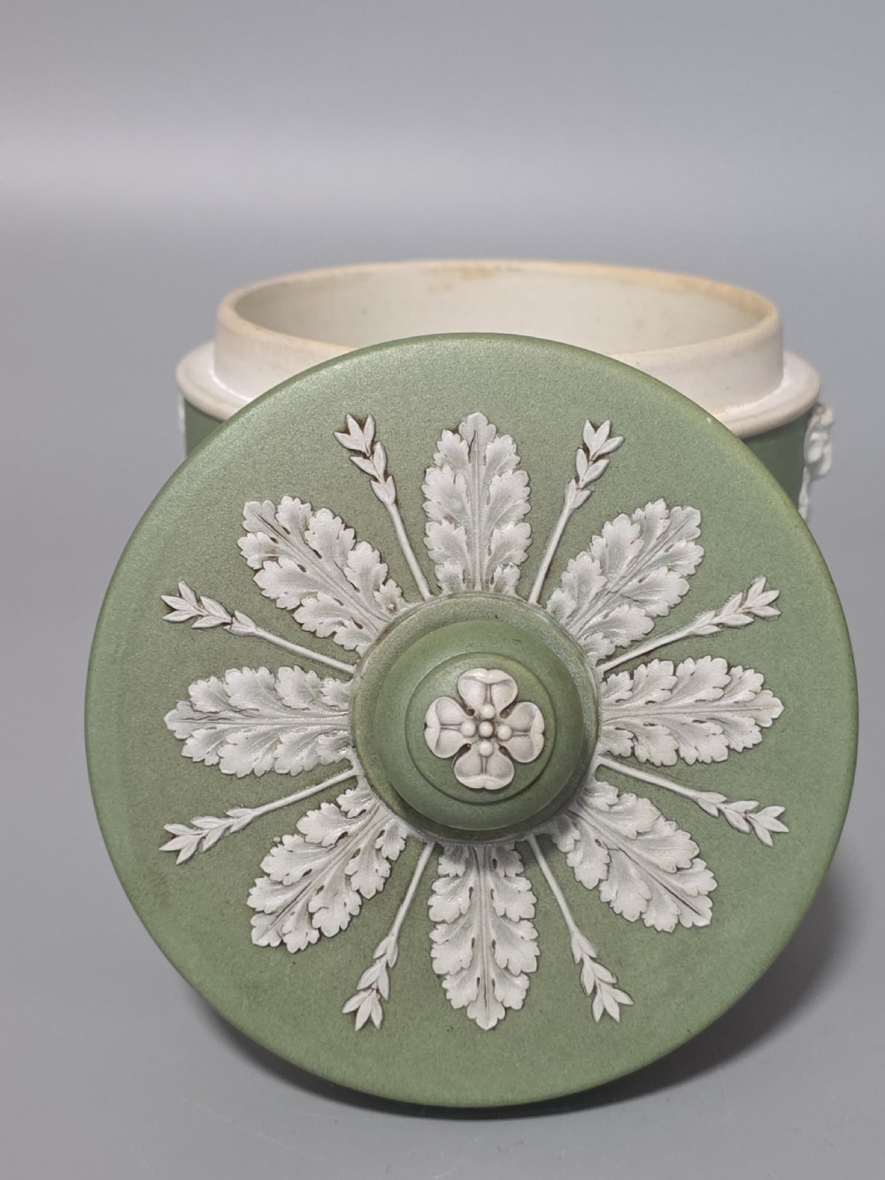 Delightful Green Wedgwood Tobacco jar and Cover c1880 View IV