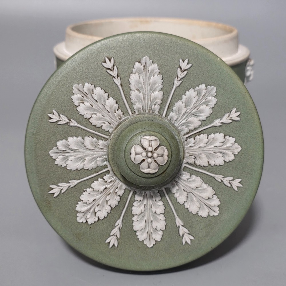 Delightful Green Wedgwood Tobacco jar and Cover c1880 View V