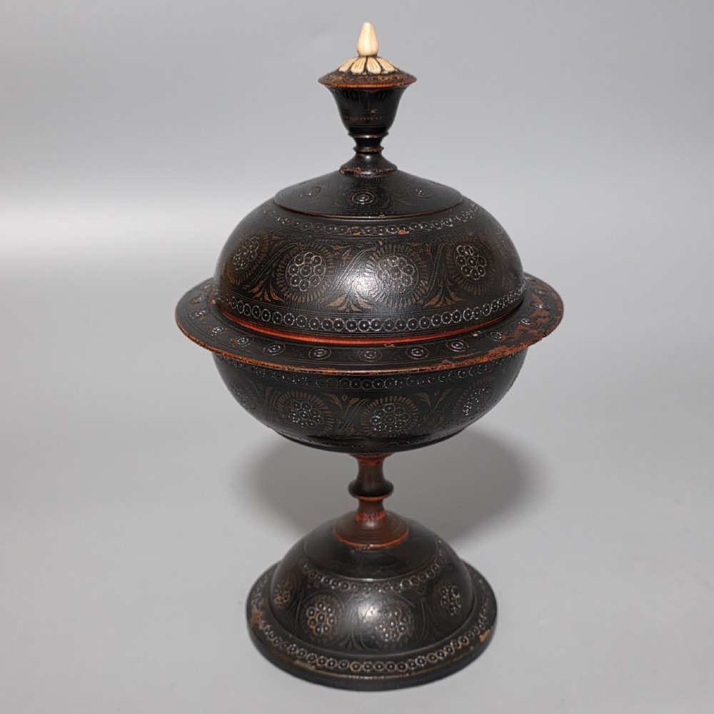 Delightful 19thc Decorated Eastern Lacquered Bowl & Cover View V
