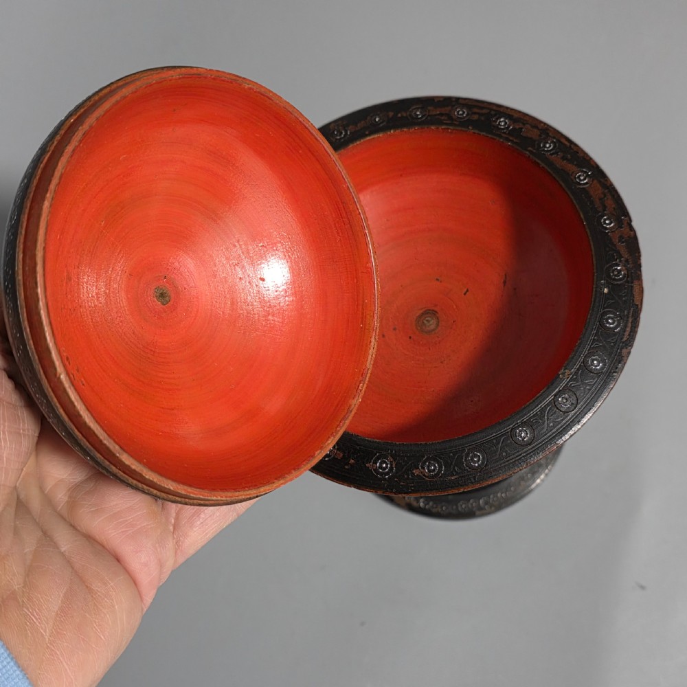 Delightful 19thc Decorated Eastern Lacquered Bowl & Cover View IX