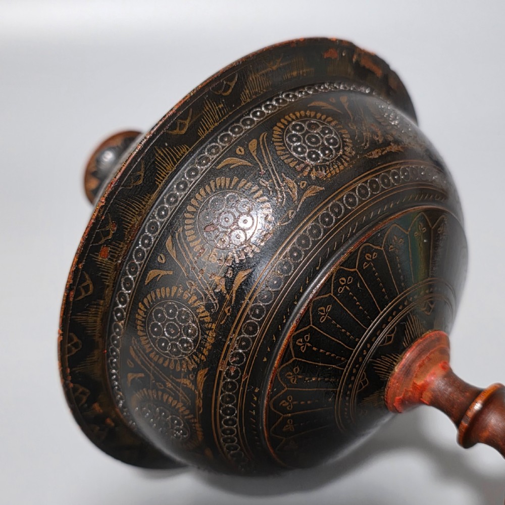 Delightful 19thc Decorated Eastern Lacquered Bowl & Cover View XVI