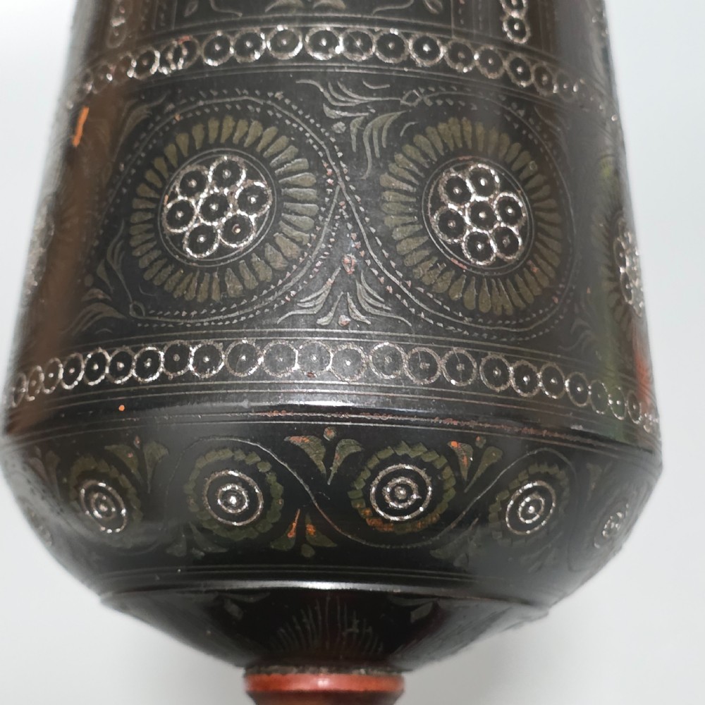 A tall 19th-century lacquered tapering vase with intricate incised geometric motifs on a turned pedestal stem. View VI