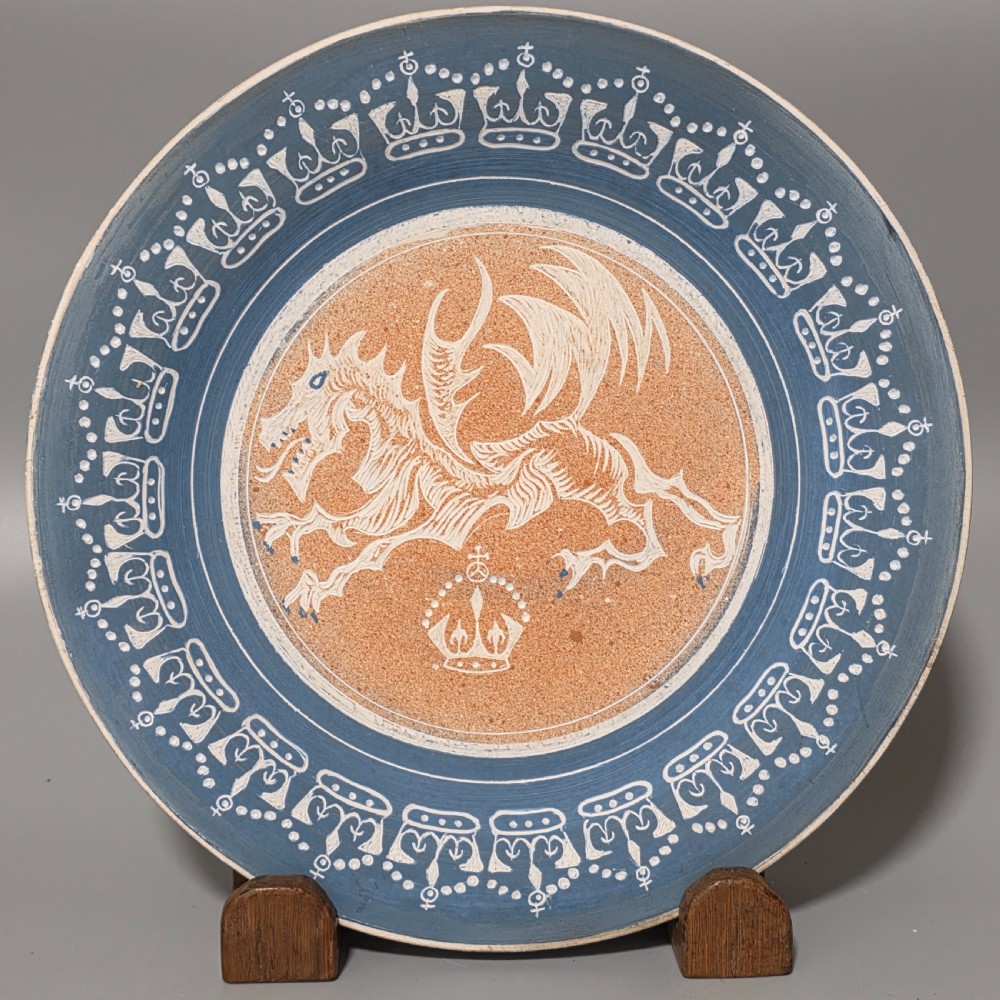 Unusual Arts & Crafts Unglazed Charger Dragon & Crown - Signed c1909