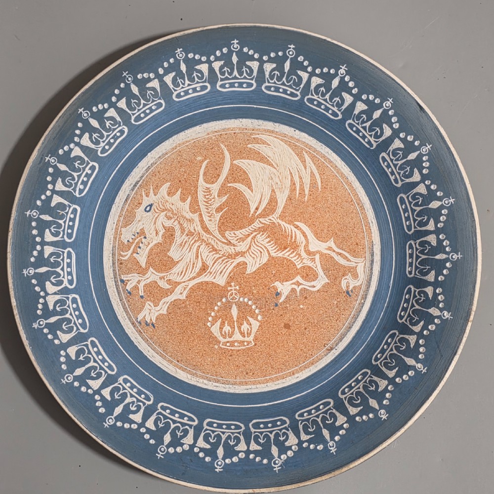 Unusual Arts & Crafts Unglazed Charger Dragon & Crown - Signed c1909 View II