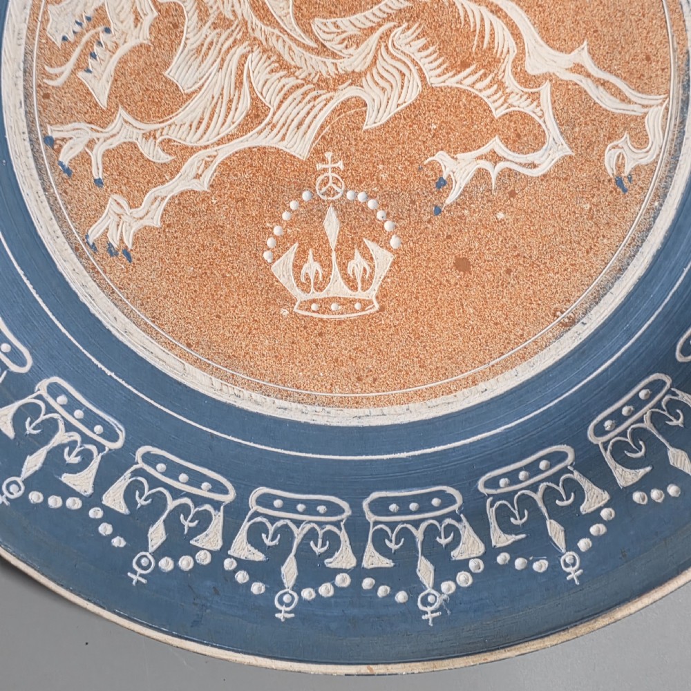 Unusual Arts & Crafts Unglazed Charger Dragon & Crown - Signed c1909 View III