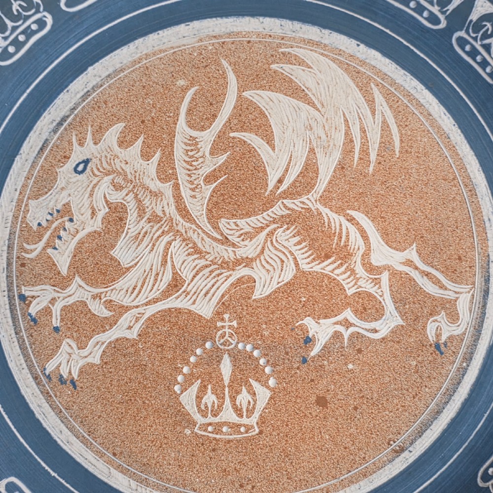 Unusual Arts & Crafts Unglazed Charger Dragon & Crown - Signed c1909 View IV