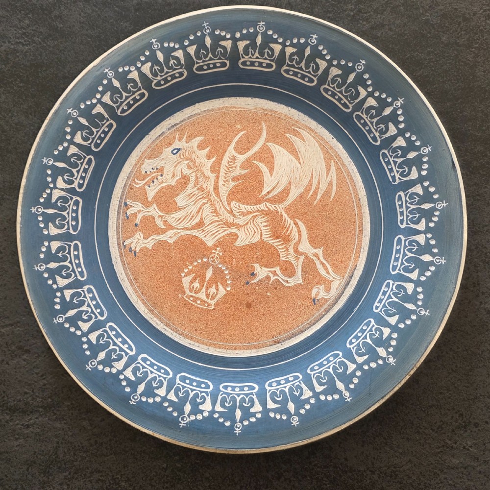 Unusual Arts & Crafts Unglazed Charger Dragon & Crown - Signed c1909 View XI