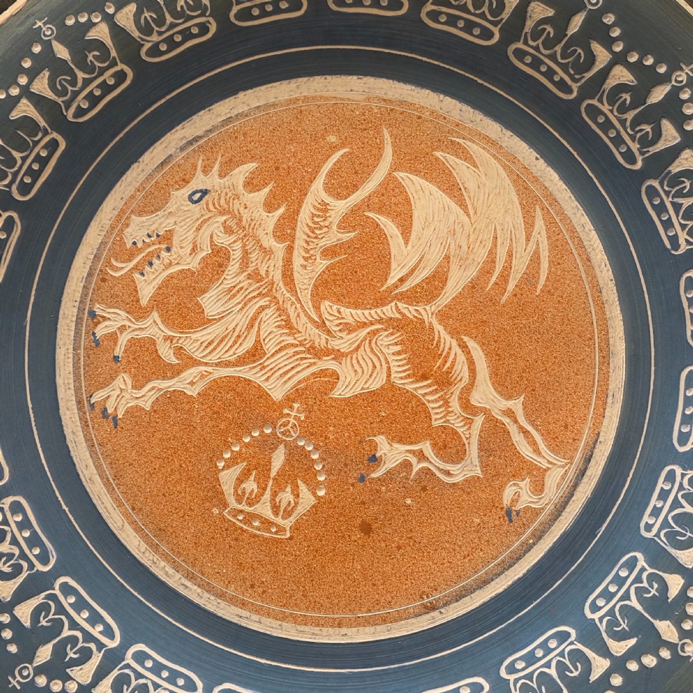 Unusual Arts & Crafts Unglazed Charger Dragon & Crown - Signed c1909 View XII