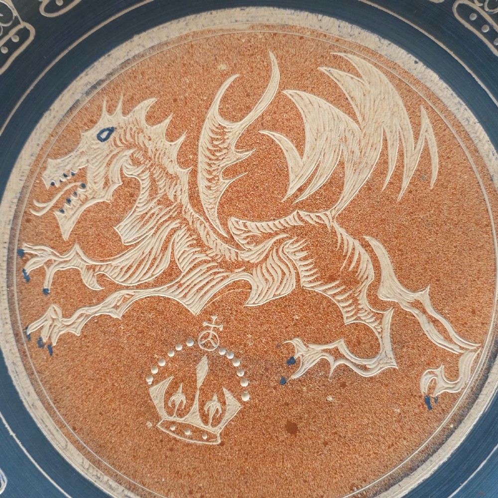 Unusual Arts & Crafts Unglazed Charger Dragon & Crown - Signed c1909 View XIII