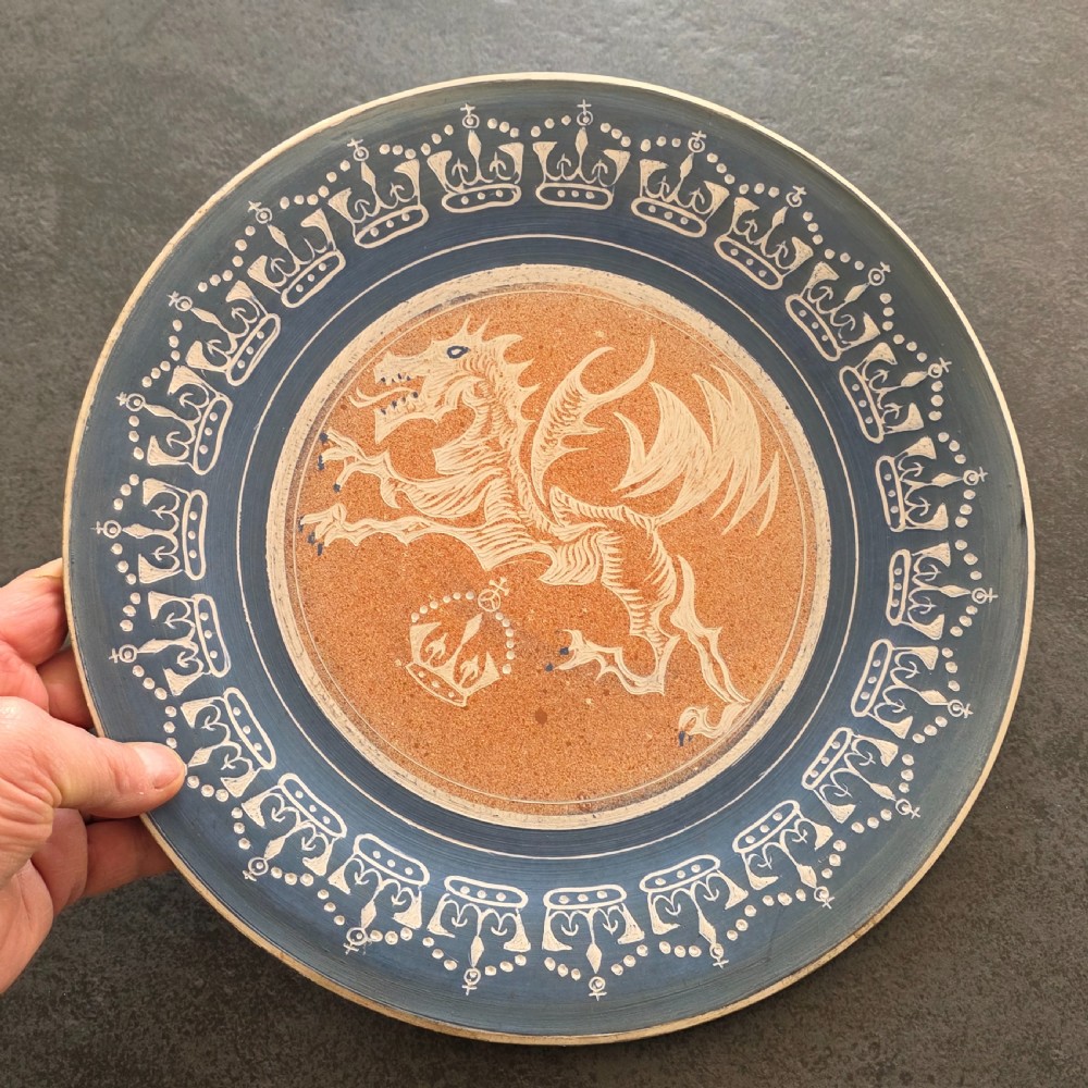 Unusual Arts & Crafts Unglazed Charger Dragon & Crown - Signed c1909 View XVI