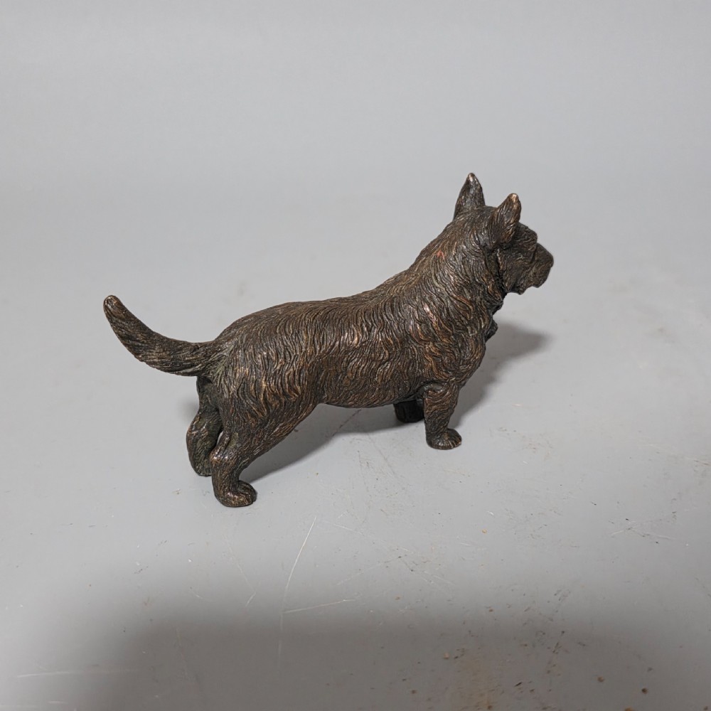 A small early twentieth-century Austrian bronze dog figurine standing with pricked ears and textured fur detail. View III