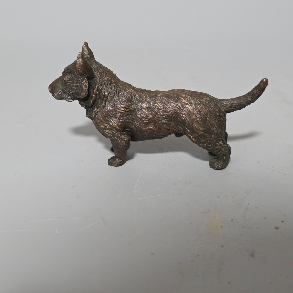 A small early twentieth-century Austrian bronze dog figurine standing with pricked ears and textured fur detail. View V