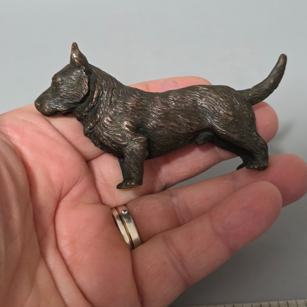 A small early twentieth-century Austrian bronze dog figurine standing with pricked ears and textured fur detail. View VI