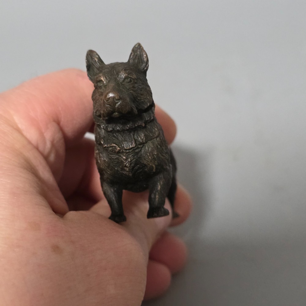 A small early twentieth-century Austrian bronze dog figurine standing with pricked ears and textured fur detail. View VII