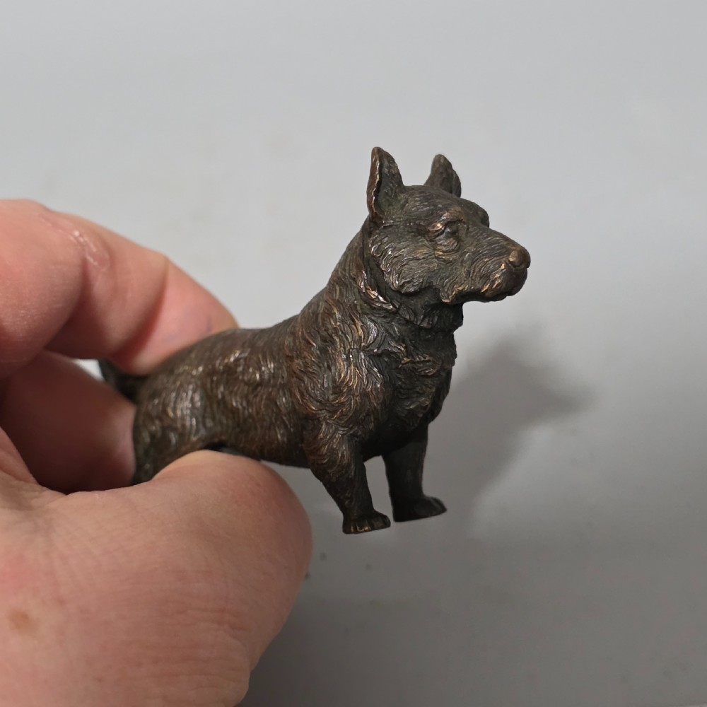 A small early twentieth-century Austrian bronze dog figurine standing with pricked ears and textured fur detail. View VIII