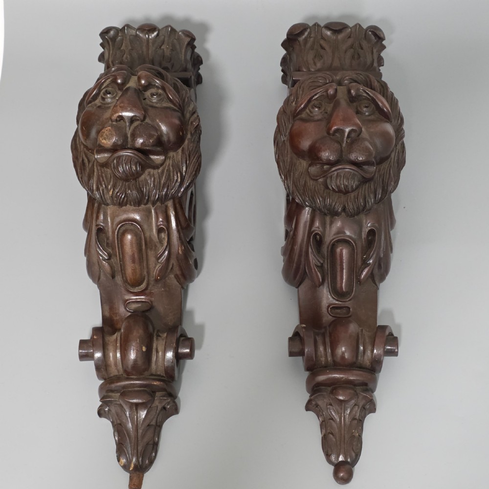 Pair of Antique Carved Wooden Lion Brackets / Shelf Supports – Large Architectural Corbels – Circa 1900 45cm
 View II
