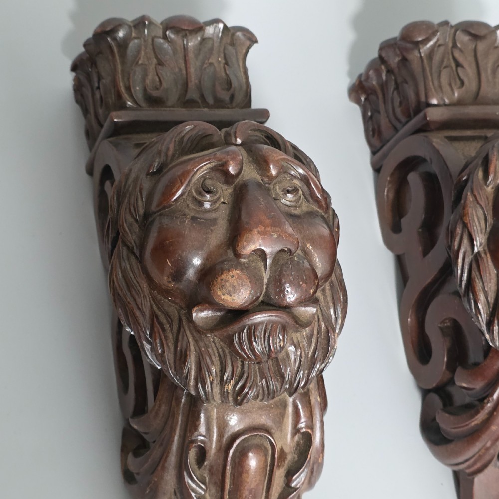 Pair of Antique Carved Wooden Lion Brackets / Shelf Supports – Large Architectural Corbels – Circa 1900 45cm
 View VI