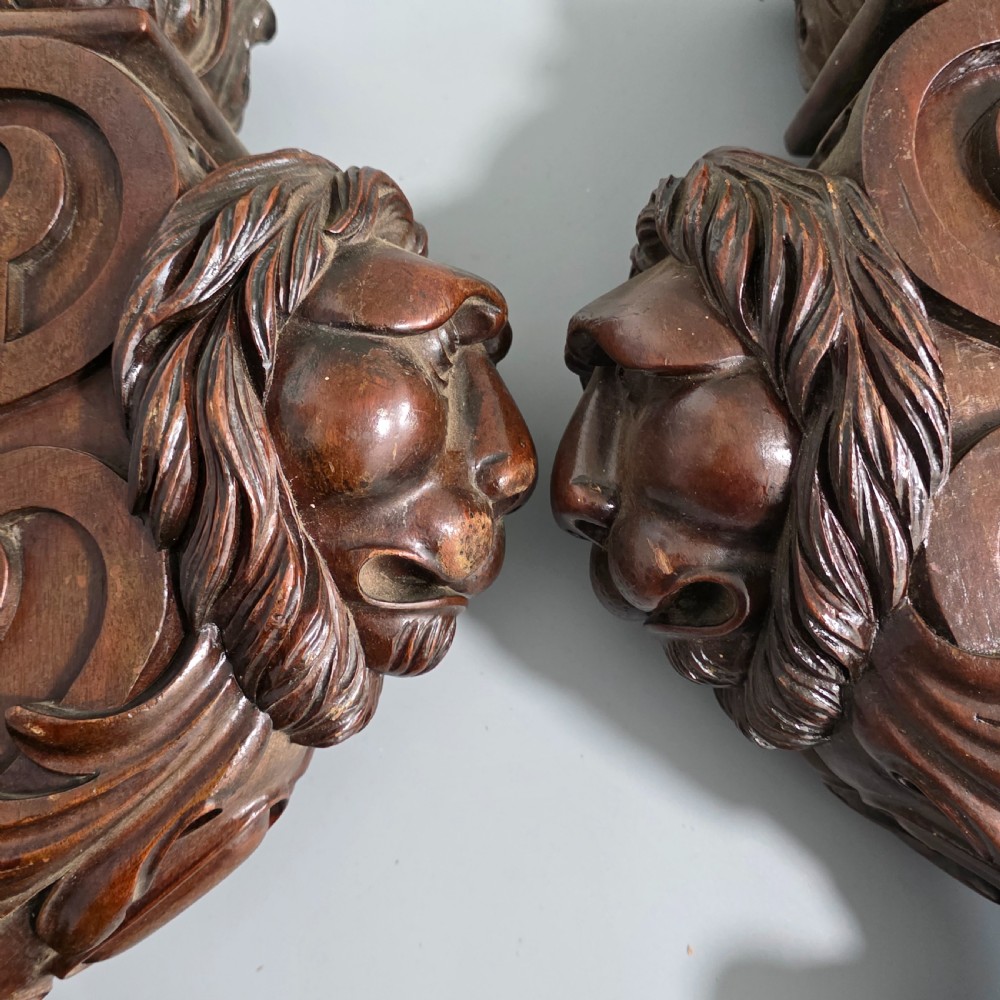Pair of Antique Carved Wooden Lion Brackets / Shelf Supports – Large Architectural Corbels – Circa 1900 45cm
 View XVI