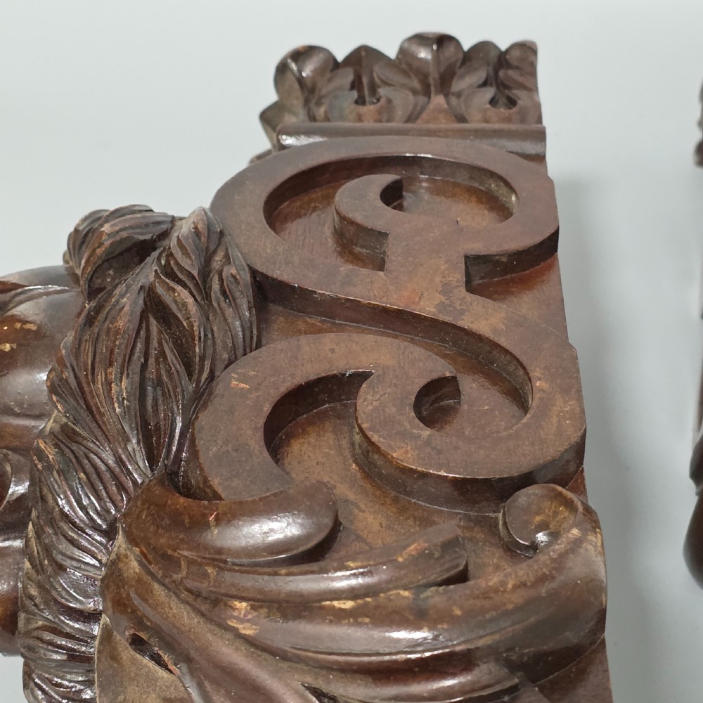 Pair of Antique Carved Wooden Lion Brackets / Shelf Supports – Large Architectural Corbels – Circa 1900 45cm
 View XVII
