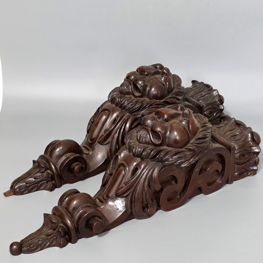Pair of Antique Carved Wooden Lion Brackets / Shelf Supports – Large Architectural Corbels – Circa 1900 45cm
 View XIX