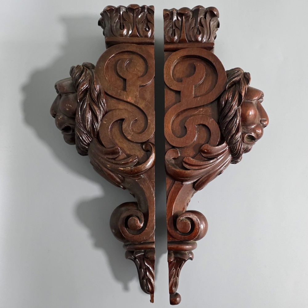 Pair of Antique Carved Wooden Lion Brackets / Shelf Supports – Large Architectural Corbels – Circa 1900 45cm
 View XXI