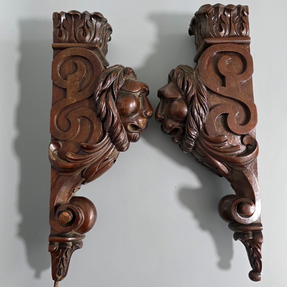 Pair of Antique Carved Wooden Lion Brackets / Shelf Supports – Large Architectural Corbels – Circa 1900 45cm
 View XXII