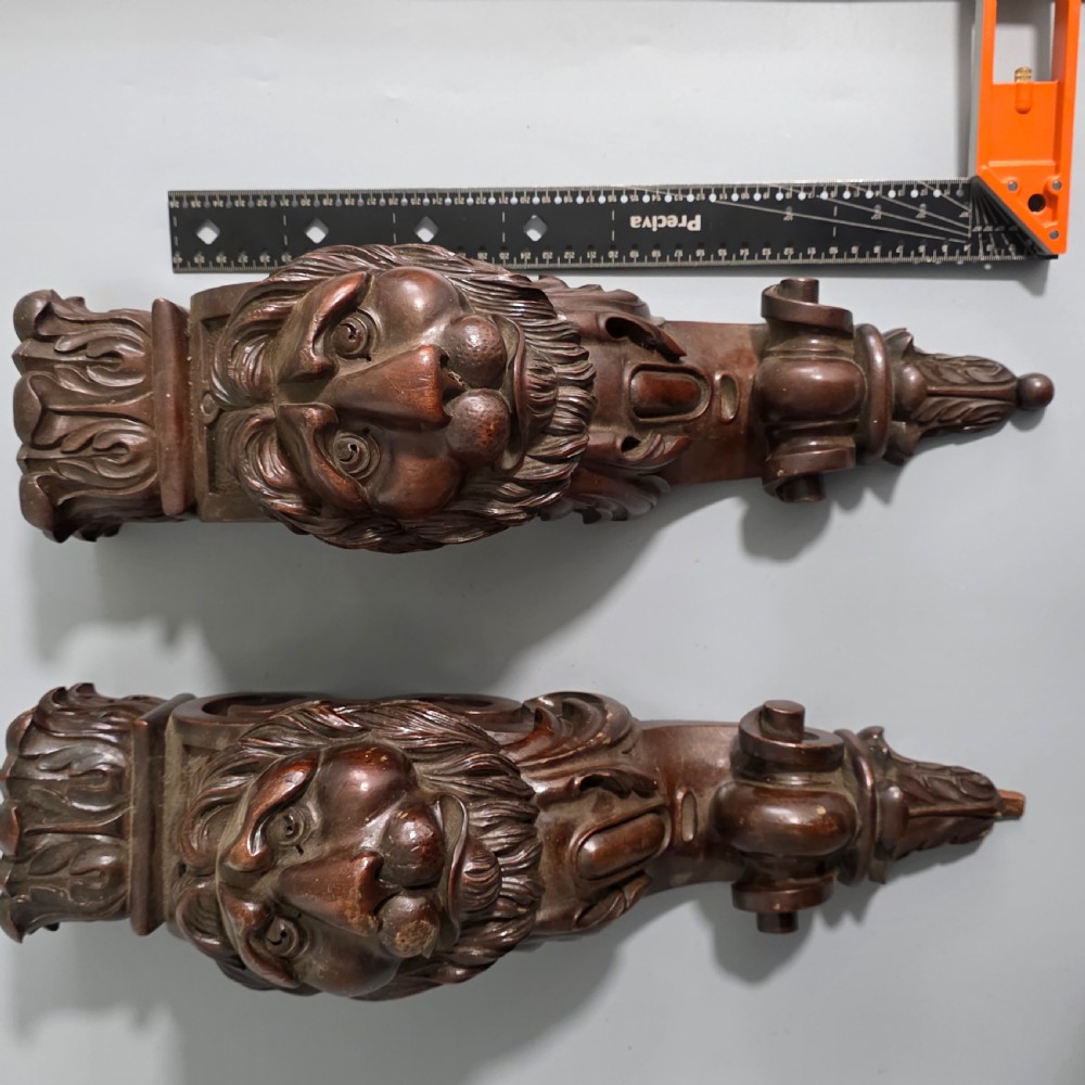 Pair of Antique Carved Wooden Lion Brackets / Shelf Supports – Large Architectural Corbels – Circa 1900 45cm
 View XXV