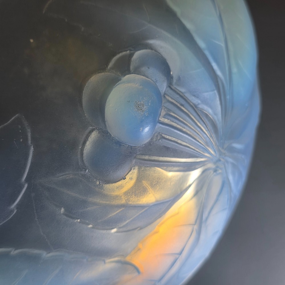 A pair of round 1930s French opalescent glass bowls featuring a moulded cherry and leaf design. View III