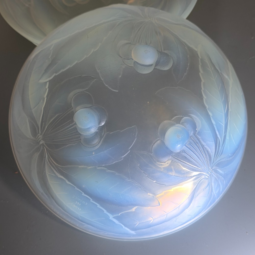 A pair of round 1930s French opalescent glass bowls featuring a moulded cherry and leaf design. View IV