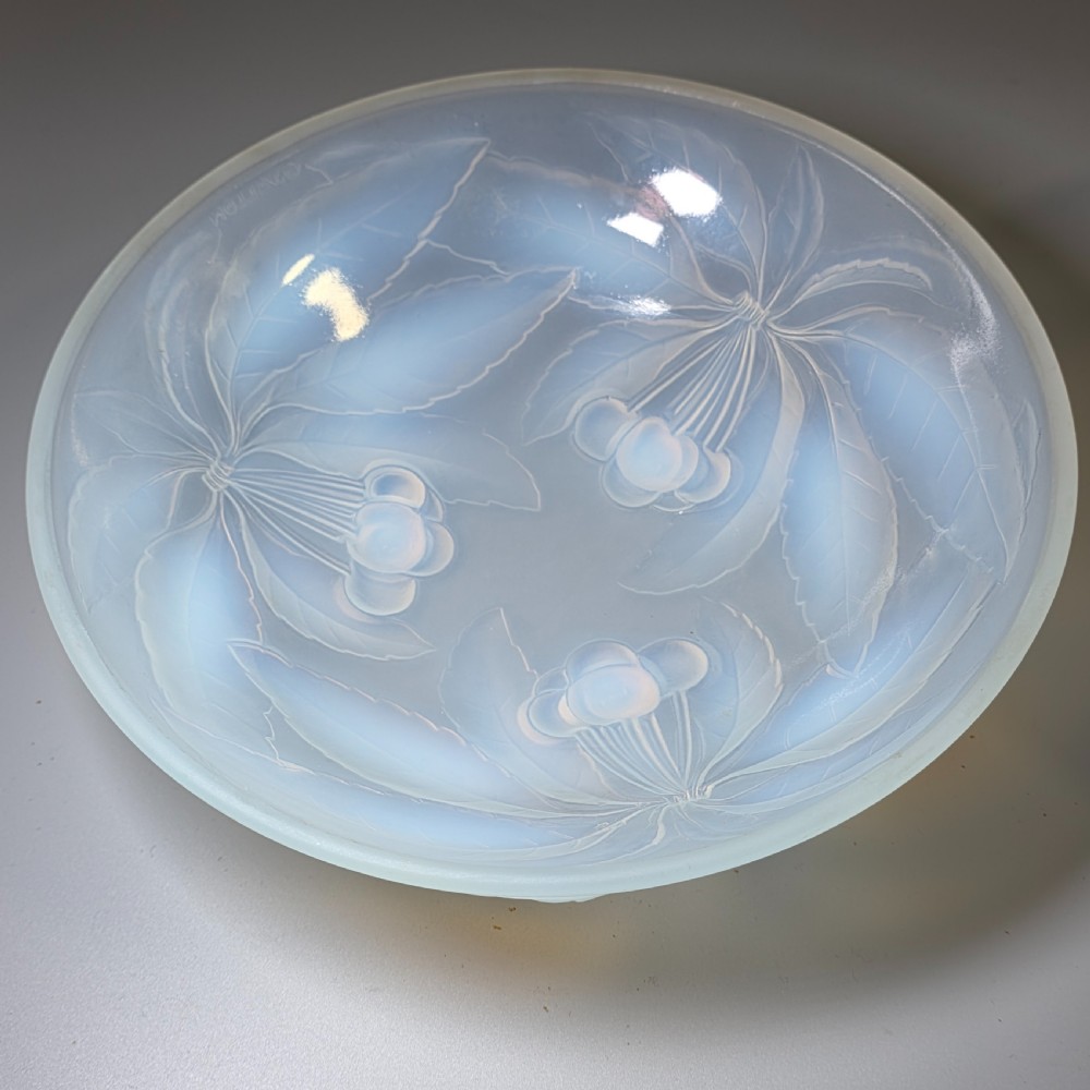 A pair of round 1930s French opalescent glass bowls featuring a moulded cherry and leaf design. View IX