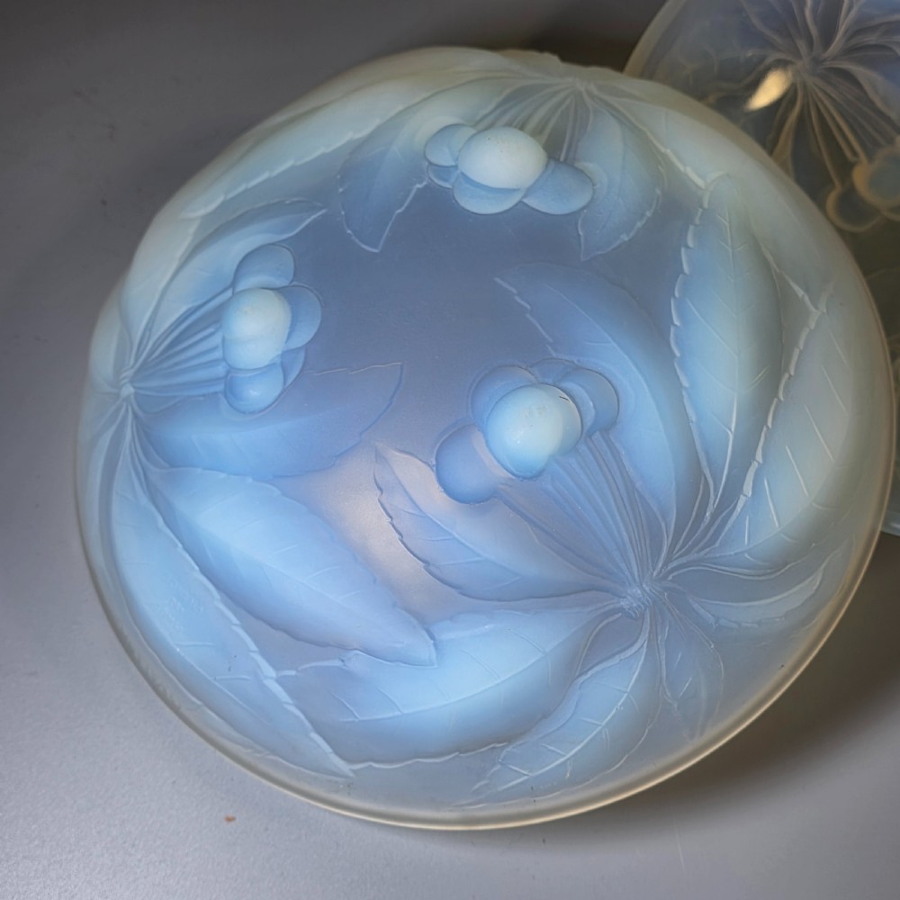 A pair of round 1930s French opalescent glass bowls featuring a moulded cherry and leaf design. View X