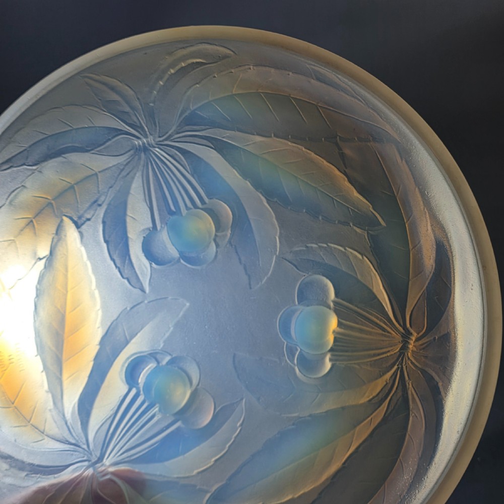 A pair of round 1930s French opalescent glass bowls featuring a moulded cherry and leaf design. View XI