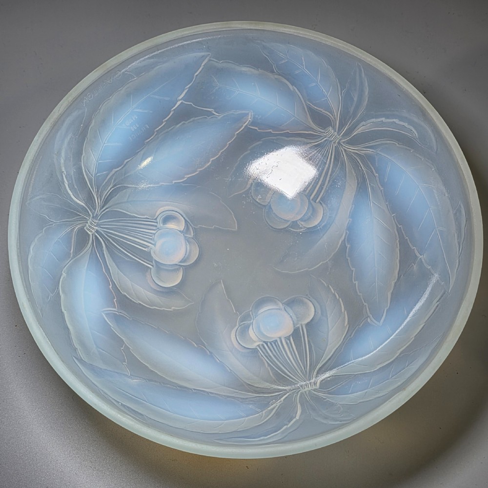 A pair of round 1930s French opalescent glass bowls featuring a moulded cherry and leaf design. View XII