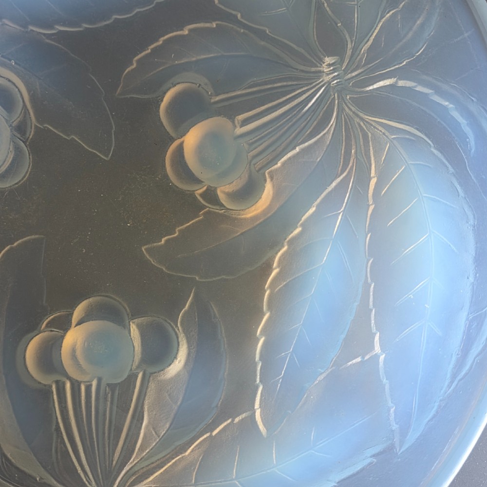 A pair of round 1930s French opalescent glass bowls featuring a moulded cherry and leaf design. View XIII