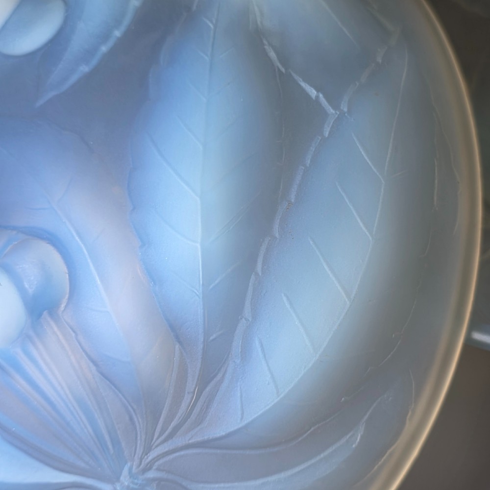 A pair of round 1930s French opalescent glass bowls featuring a moulded cherry and leaf design. View XIV
