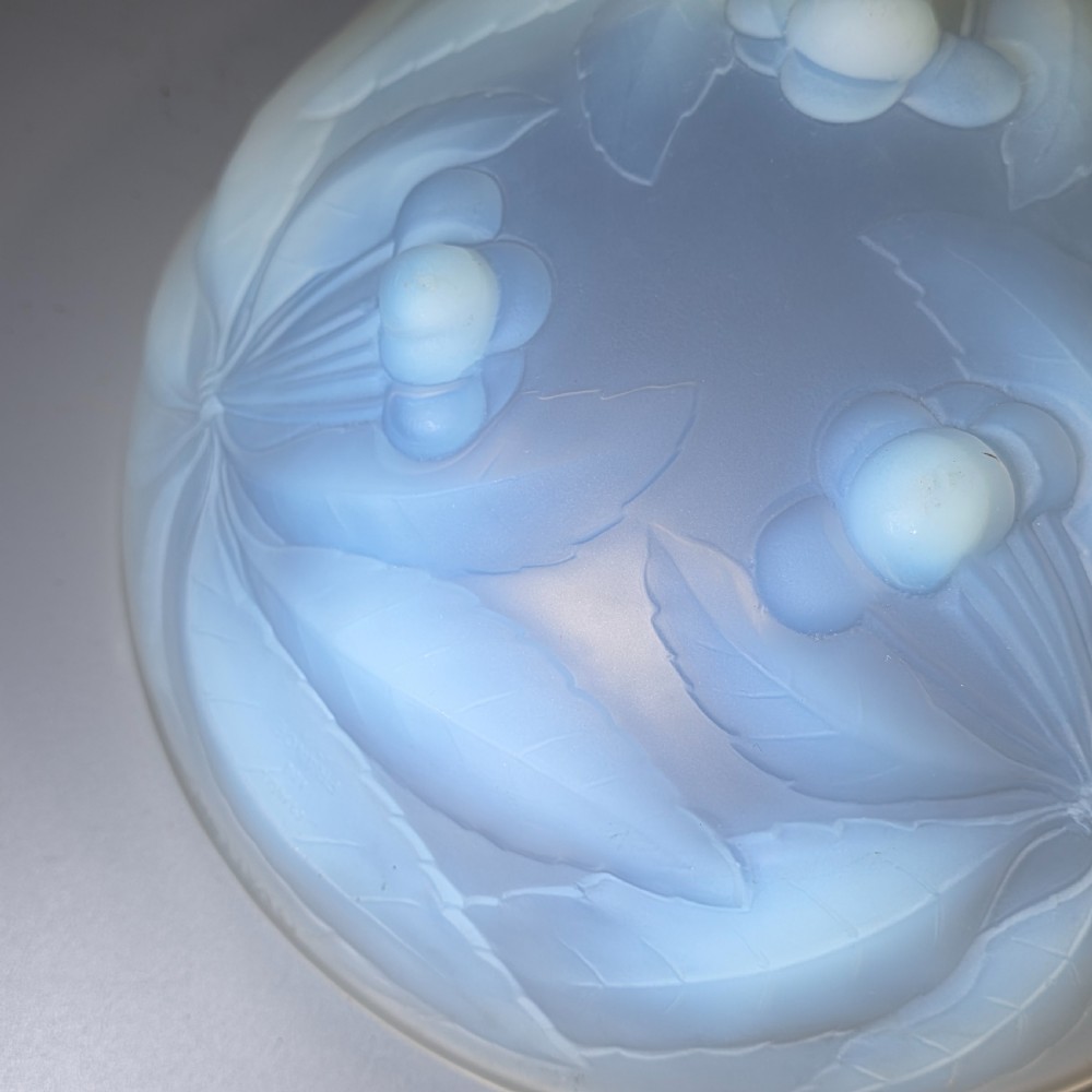 A pair of round 1930s French opalescent glass bowls featuring a moulded cherry and leaf design. View XV