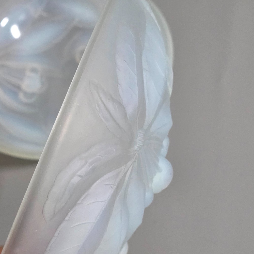 A pair of round 1930s French opalescent glass bowls featuring a moulded cherry and leaf design. View XVII