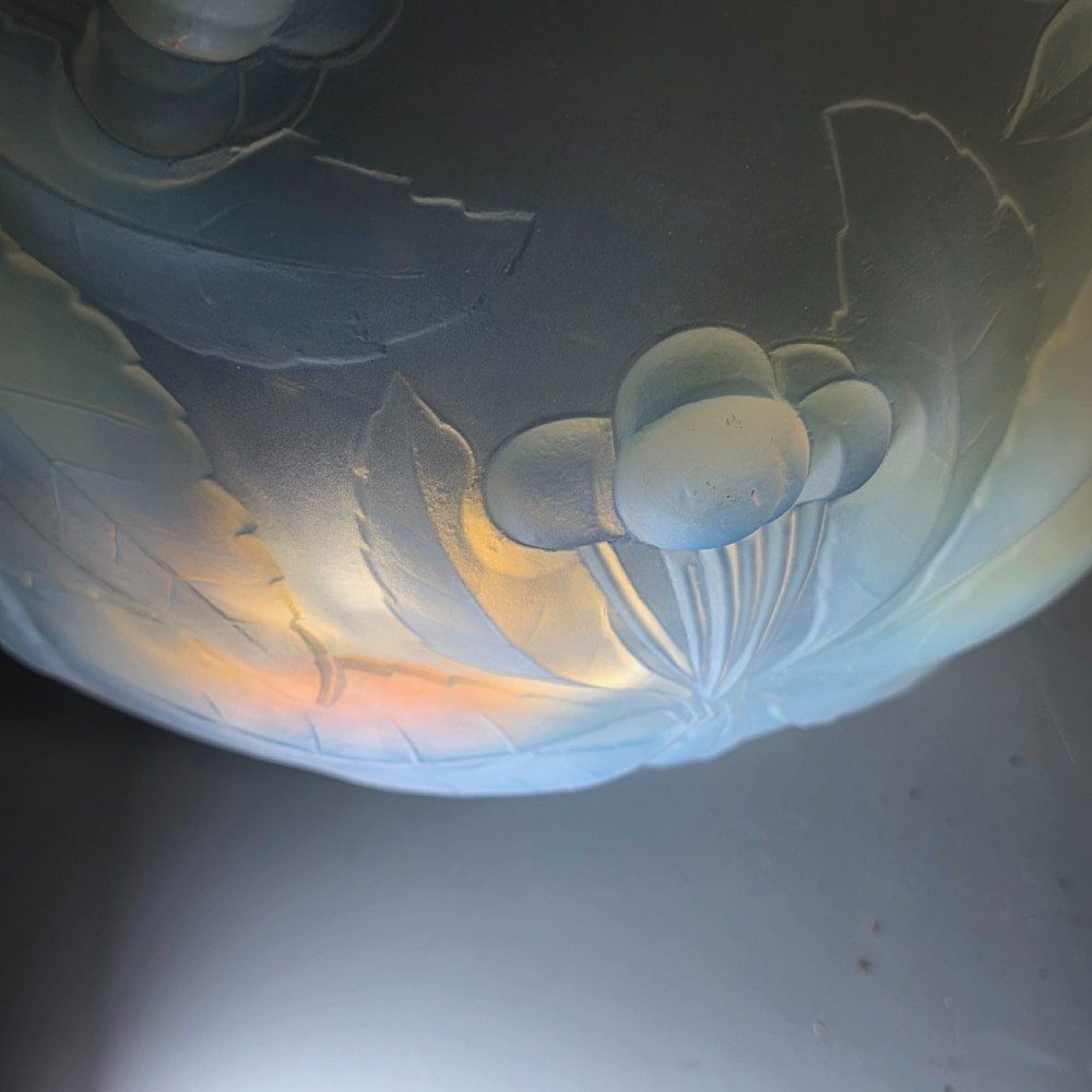A pair of round 1930s French opalescent glass bowls featuring a moulded cherry and leaf design. View XXI