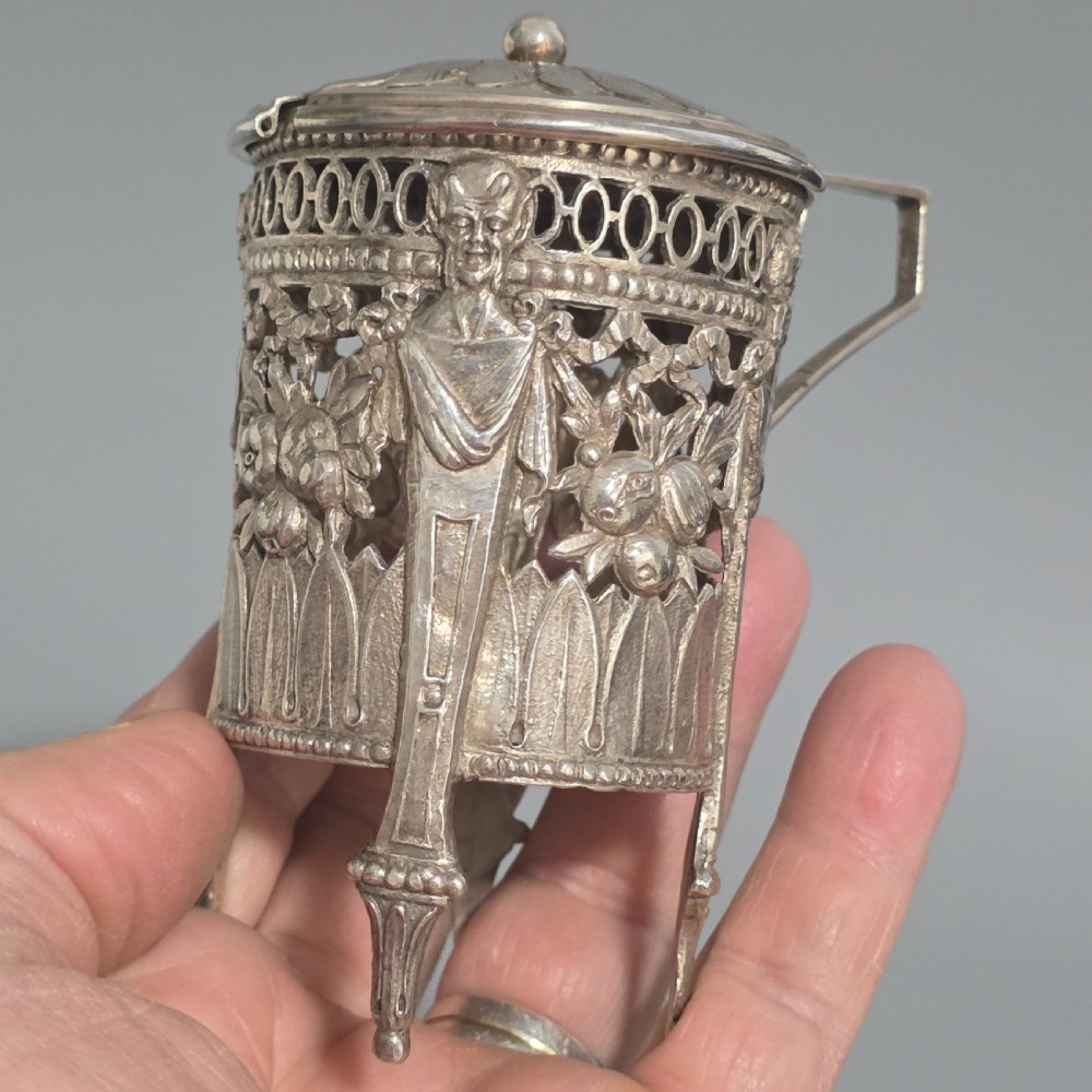 Antique 800 Silver Devil Mustard Pot Figural Legs Blue Glass Liner 19thC Novelty Silver View VIII