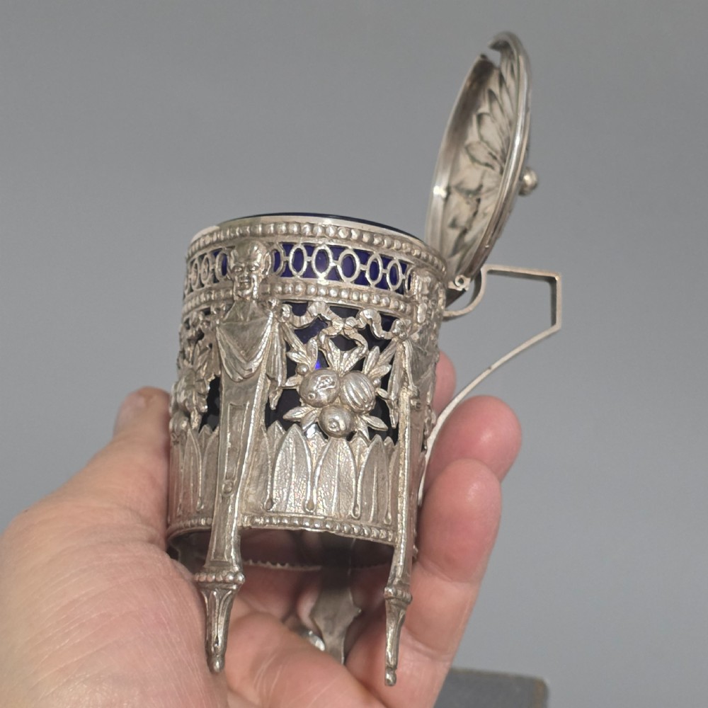 Antique 800 Silver Devil Mustard Pot Figural Legs Blue Glass Liner 19thC Novelty Silver View IX