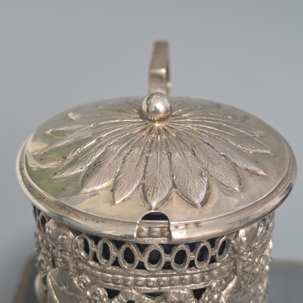 Antique 800 Silver Devil Mustard Pot Figural Legs Blue Glass Liner 19thC Novelty Silver View XI
