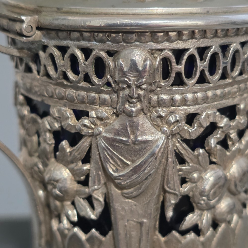 Antique 800 Silver Devil Mustard Pot Figural Legs Blue Glass Liner 19thC Novelty Silver View XII