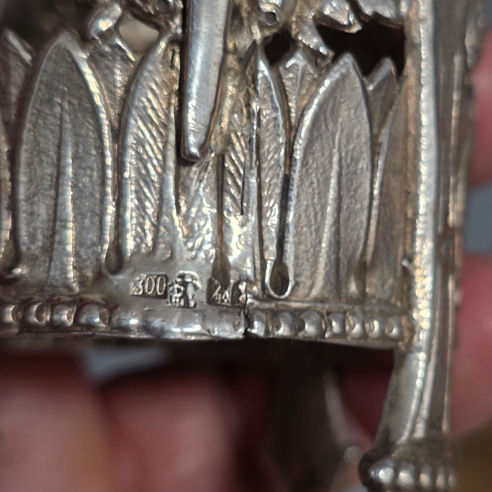 Antique 800 Silver Devil Mustard Pot Figural Legs Blue Glass Liner 19thC Novelty Silver View XVI
