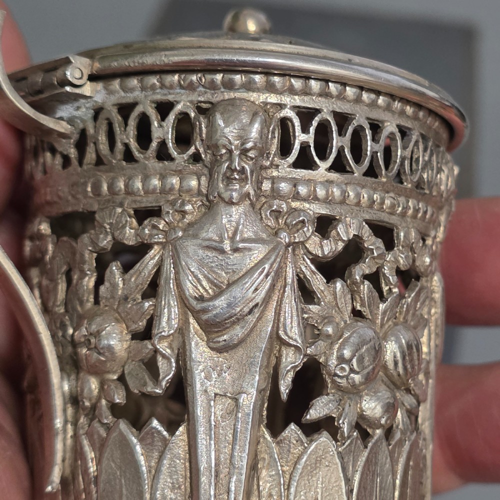 Antique 800 Silver Devil Mustard Pot Figural Legs Blue Glass Liner 19thC Novelty Silver View XVIII