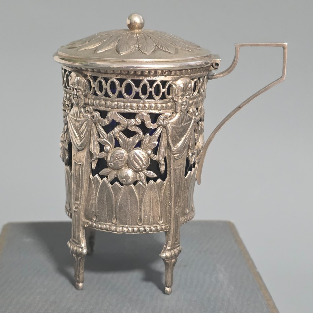 Antique 800 Silver Devil Mustard Pot Figural Legs Blue Glass Liner 19thC Novelty Silver View XX