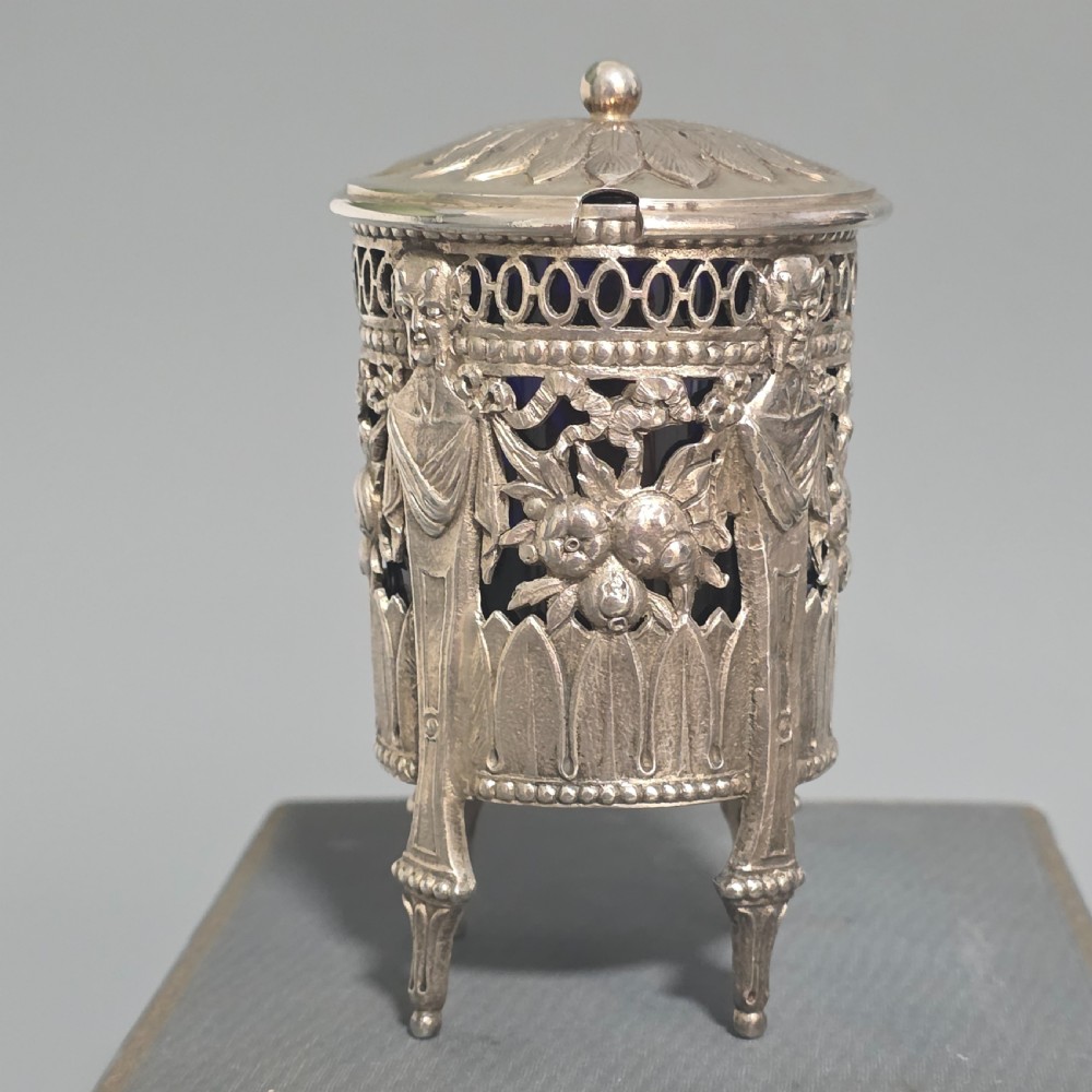 Antique 800 Silver Devil Mustard Pot Figural Legs Blue Glass Liner 19thC Novelty Silver View XXII